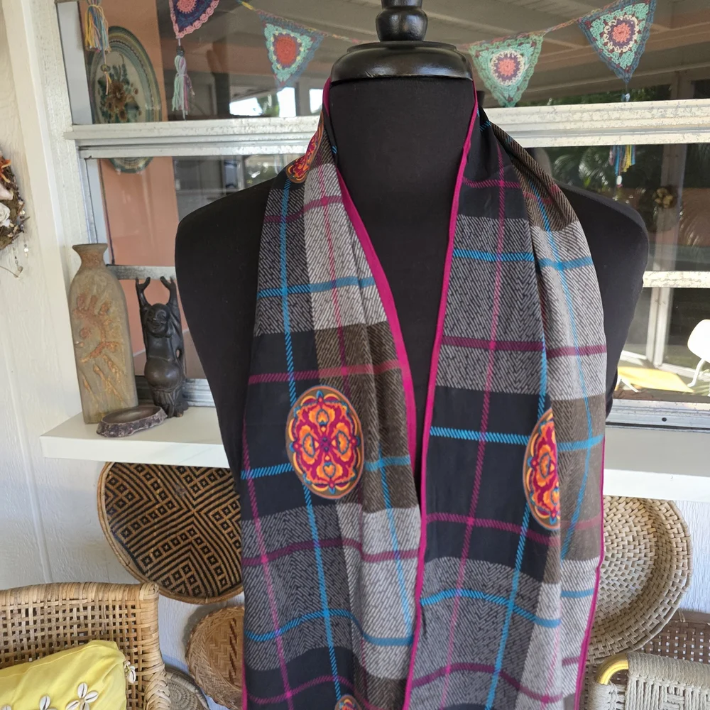 Vintage Silk Albert Nipon Plaid Scarf with Pink and Blue Accents Retro Boho
